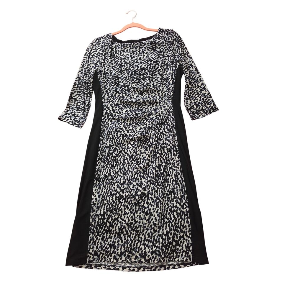 Ralph Lauren Black White Animal Print Sheath Dress Ruched Old Money